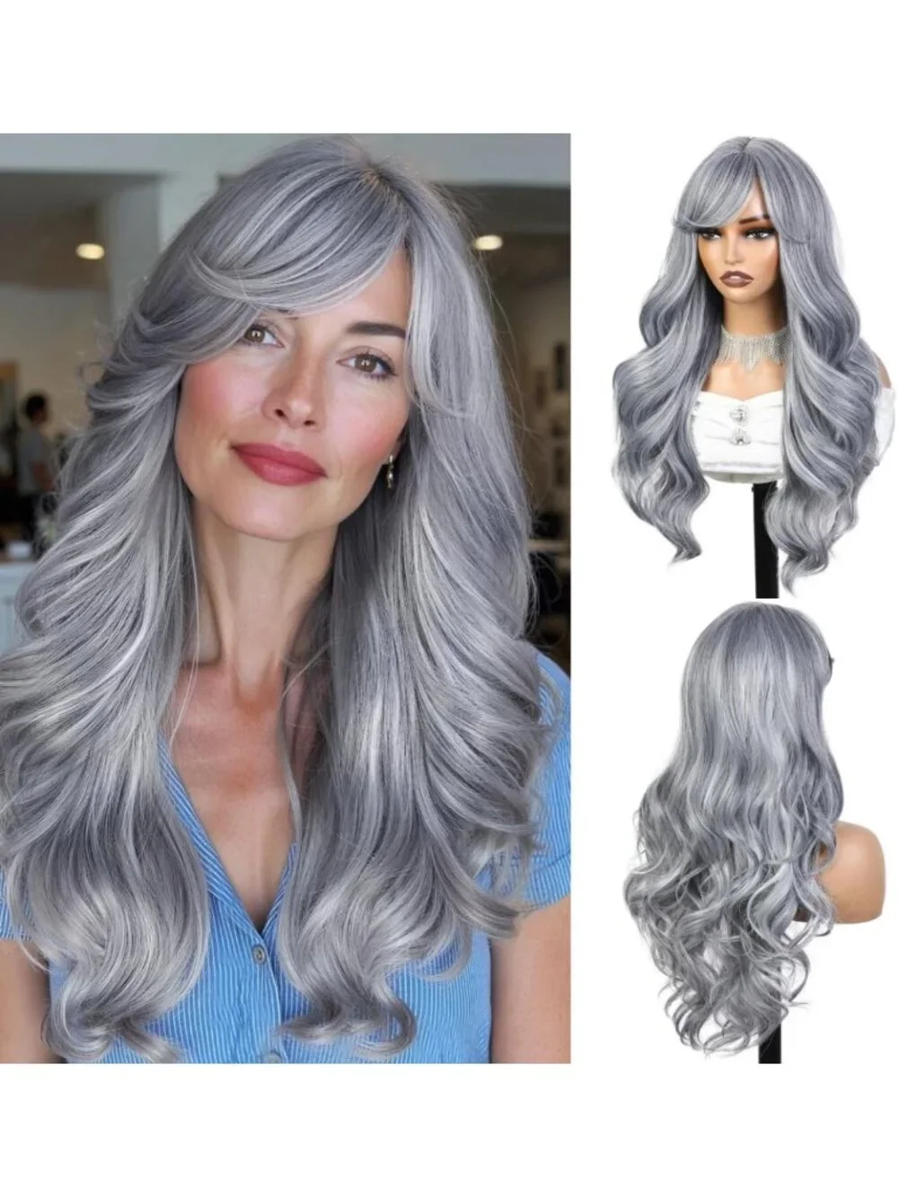 Long Wavy Silver Grey Curly Wig with Bangs - Stylish Women's Hairpiece